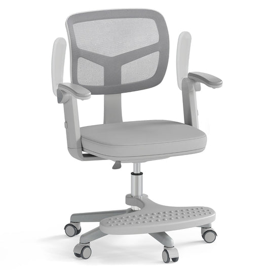 Kids Desk Chair with grey mesh back and padded seat, adjustable armrests and footrest
