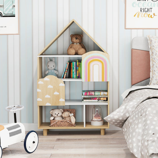 The kids storage unit in a bedroom, styled with toys and books on its shelves