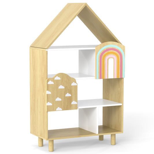 Kids Dollhouse Bookshelf with 2 Doors for Playroom Bedroom showing the empty wooden frame