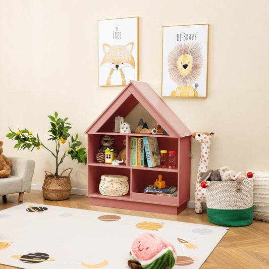 The pink house shaped bookshelf for kids shown from the front with open shelves