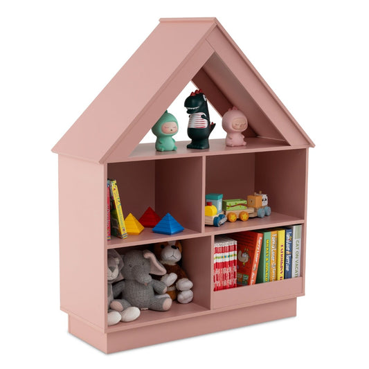 Kids Dollhouse Bookshelf filled with various children's books and plush toys on three levels