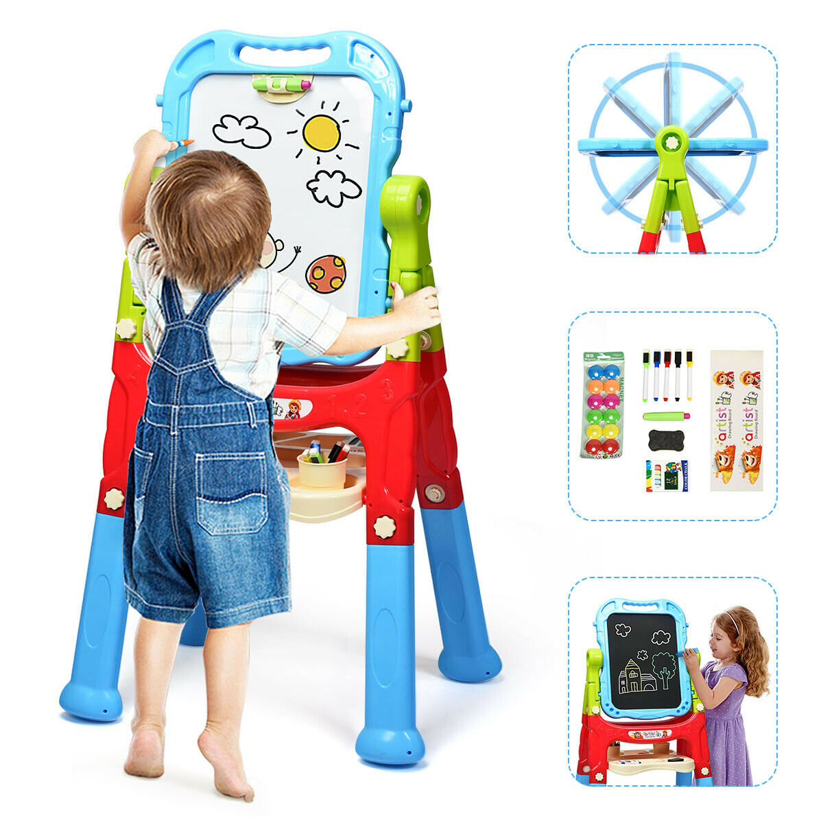 A child draws on the art easel while another child holds a drawing board