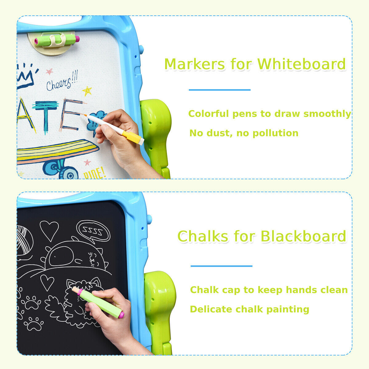 The kids art easel shows markers for the whiteboard and chalks for the blackboard