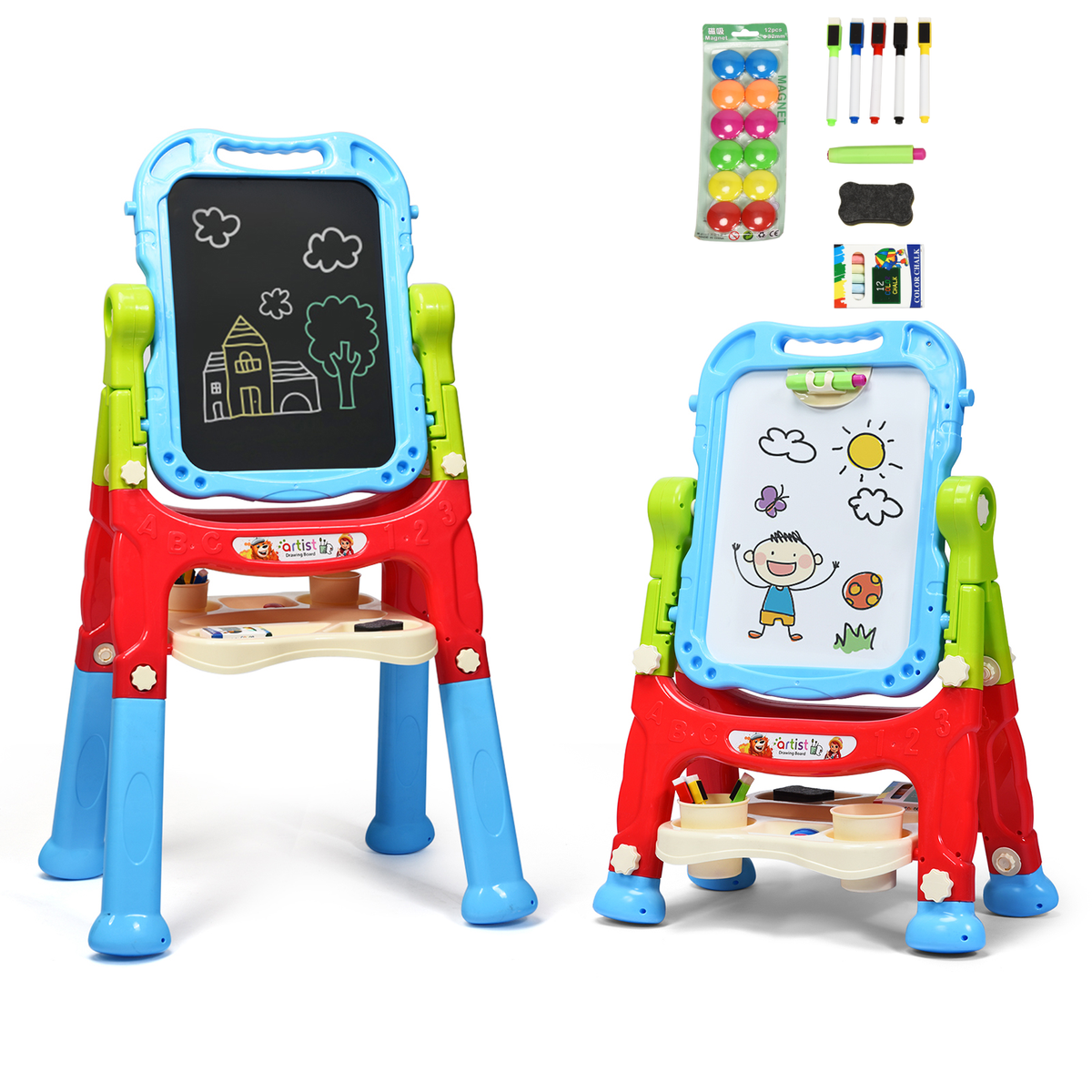 Kids Double Sided Boards Easel Magnetic Painting Art in blue and red with chalk drawings on both sides