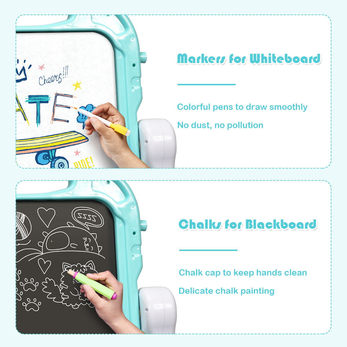 Close up of the green art easel showing markers for the whiteboard and chalk for the blackboard