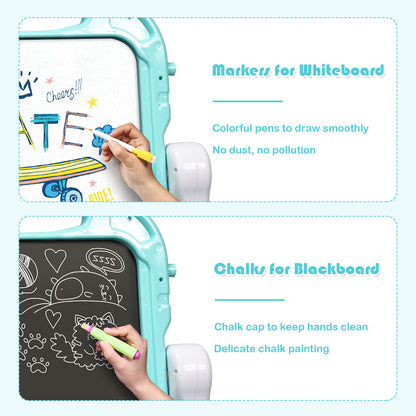 Close up of the green art easel showing markers for the whiteboard and chalk for the blackboard