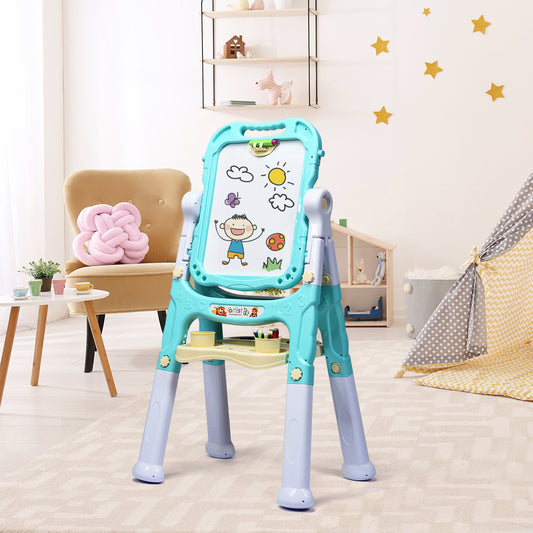 The green kids art easel is set up in a child's playroom with toys and a tent
