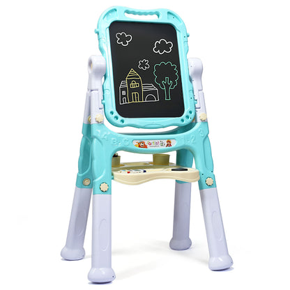 Kid's Double Sided Boards Easel Magnetic Painting Art green easel with a house and tree drawn on the blackboard side