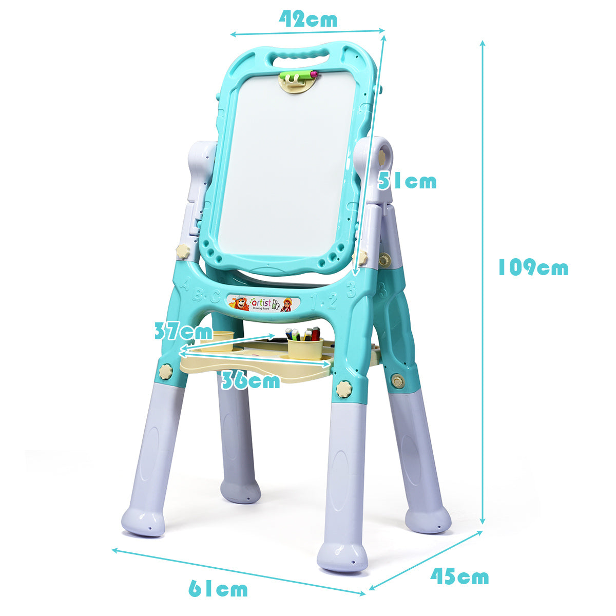 Dimensions of the green kids art easel shown with measurements in blue text