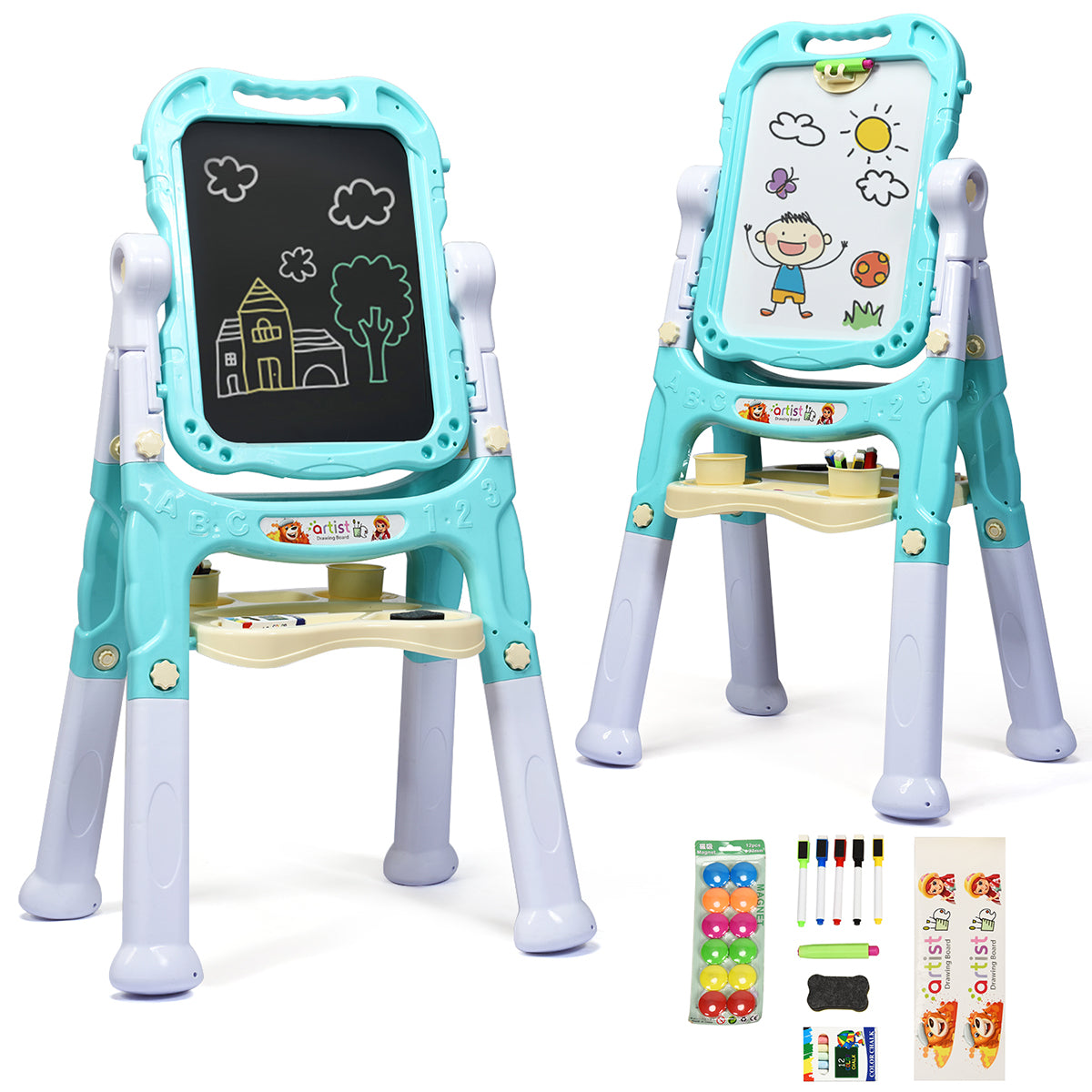 Two green kids art easels shown side by side with art supplies and stickers
