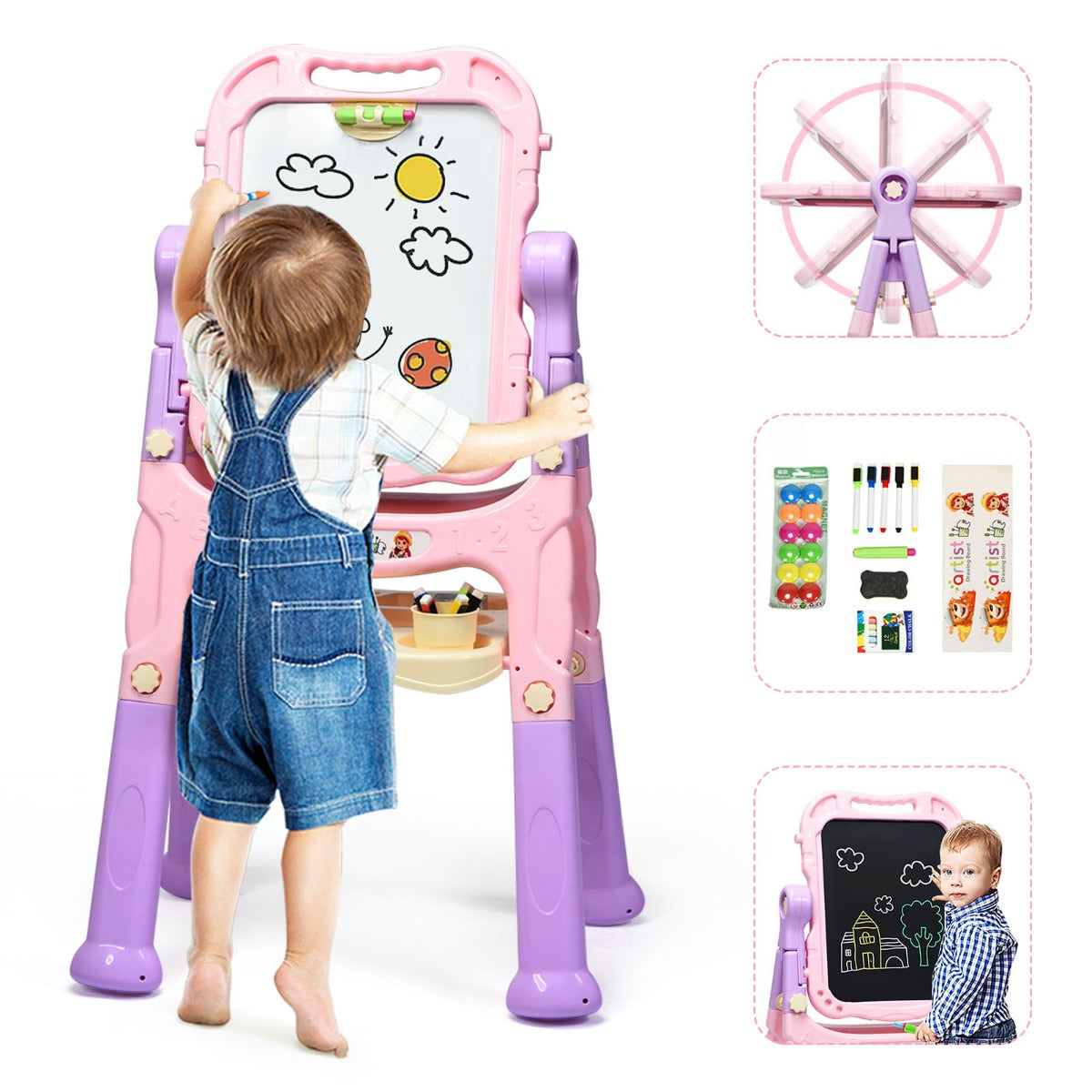 The art easel with a child drawing on the whiteboard alongside various included accessories