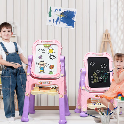 The art easel being used by a young boy and girl in a bright playroom setting