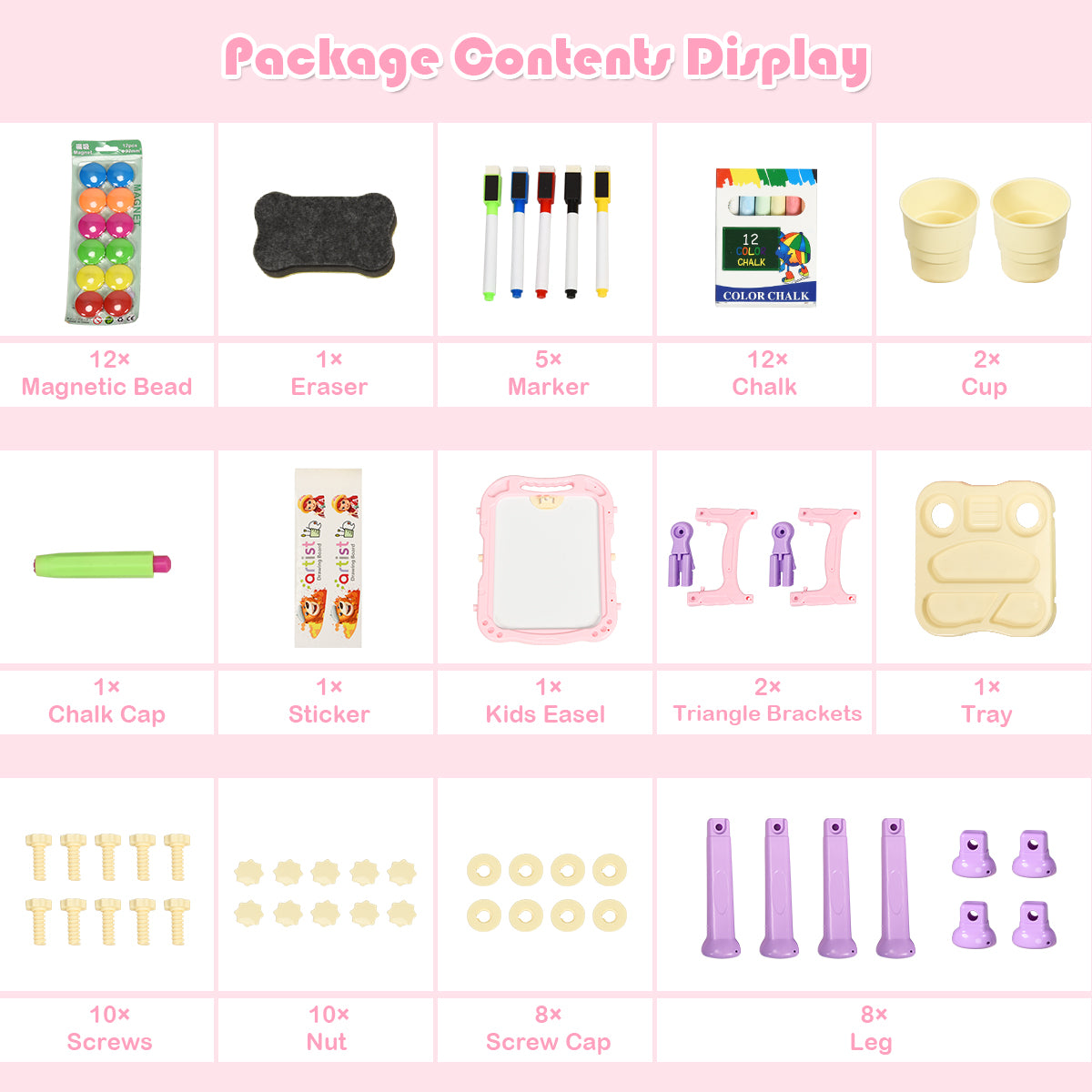 The art easel parts laid out on a grid with labels for each component included in the box