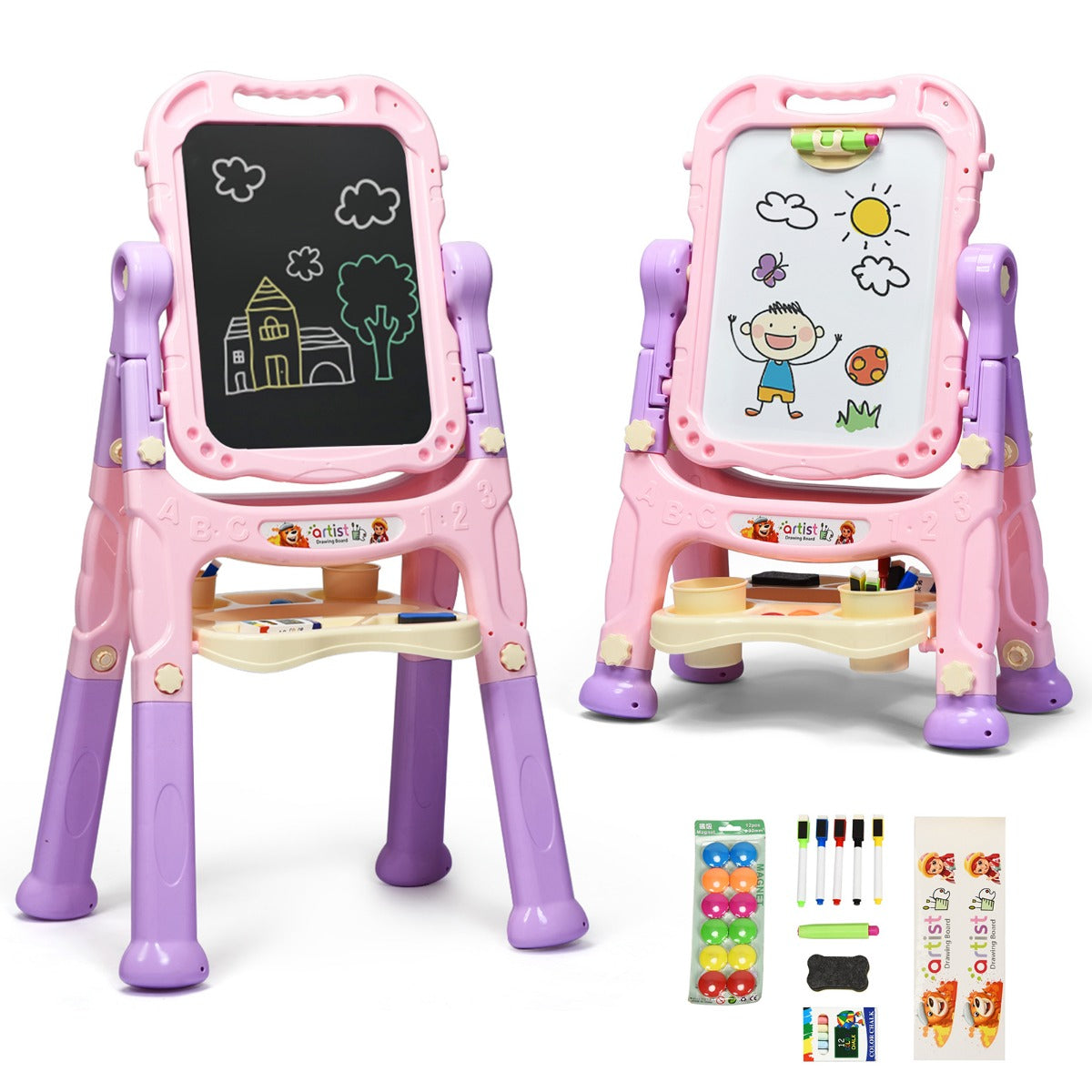 The art easel displayed in two heights with a collection of magnetic and drawing accessories