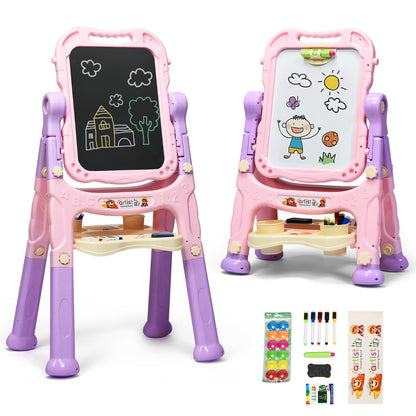 The art easel displayed in two heights with a collection of magnetic and drawing accessories