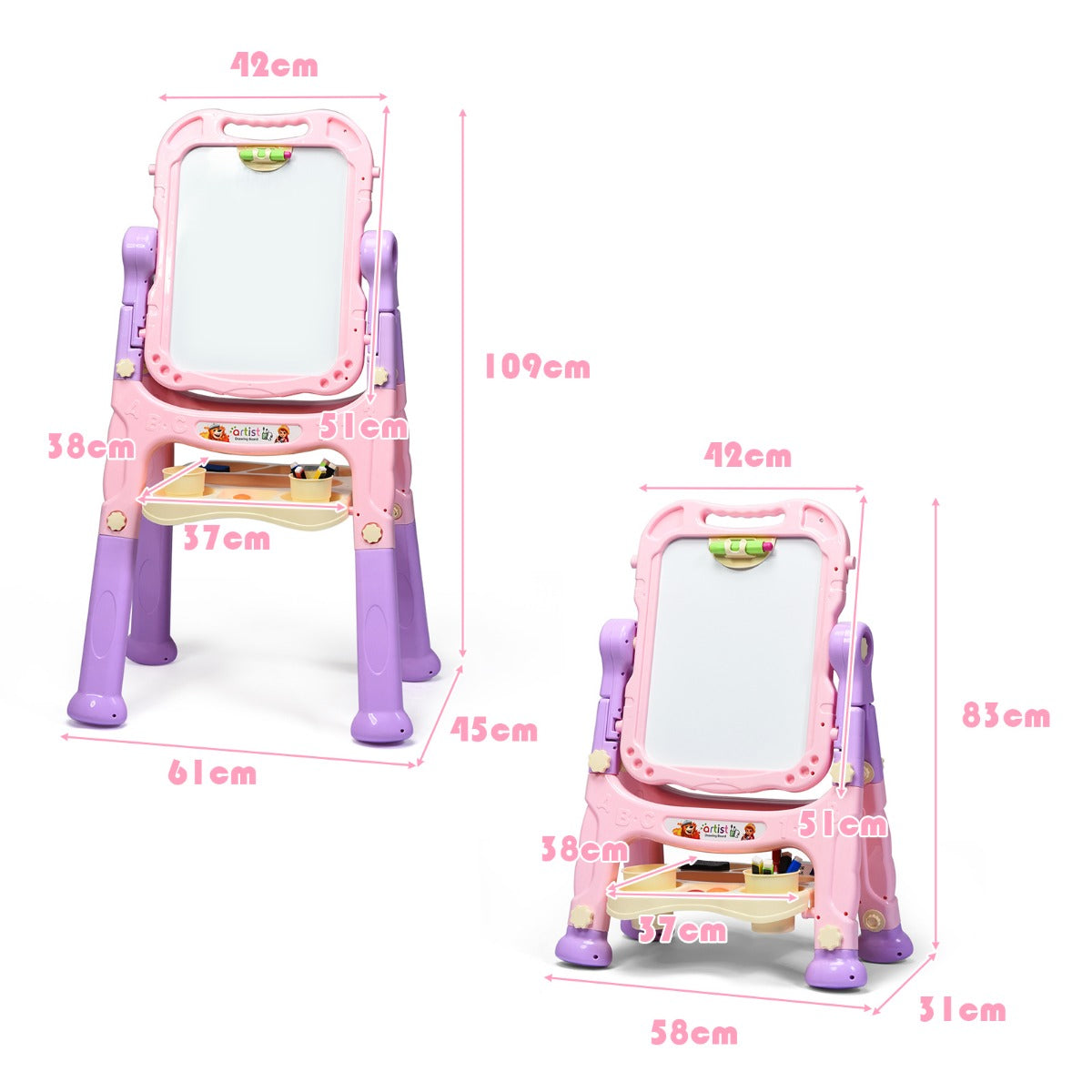 The art easel shown in two sizes with red arrows indicating the product dimensions