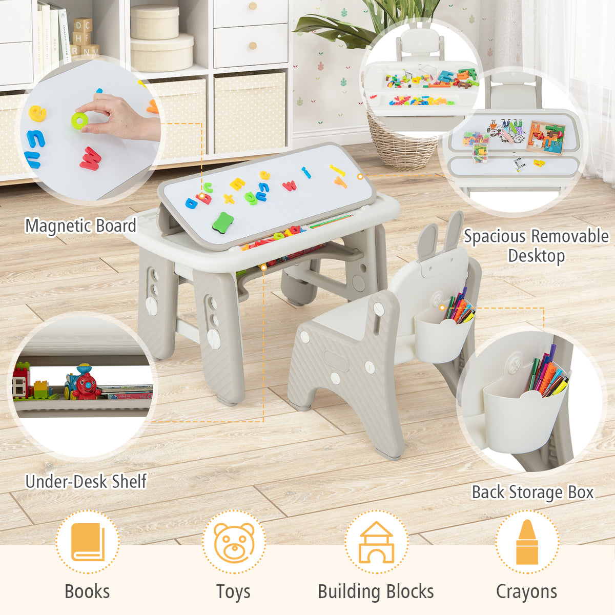 Close up of the kids table and chair set showing features like magnetic board and storage