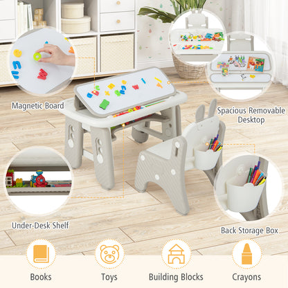Close up of the kids table and chair set showing features like magnetic board and storage