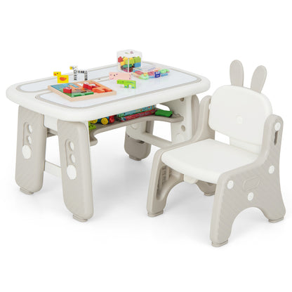 Kids Drawing Table and Chair Set with flip-top tabletop bookshelf in grey