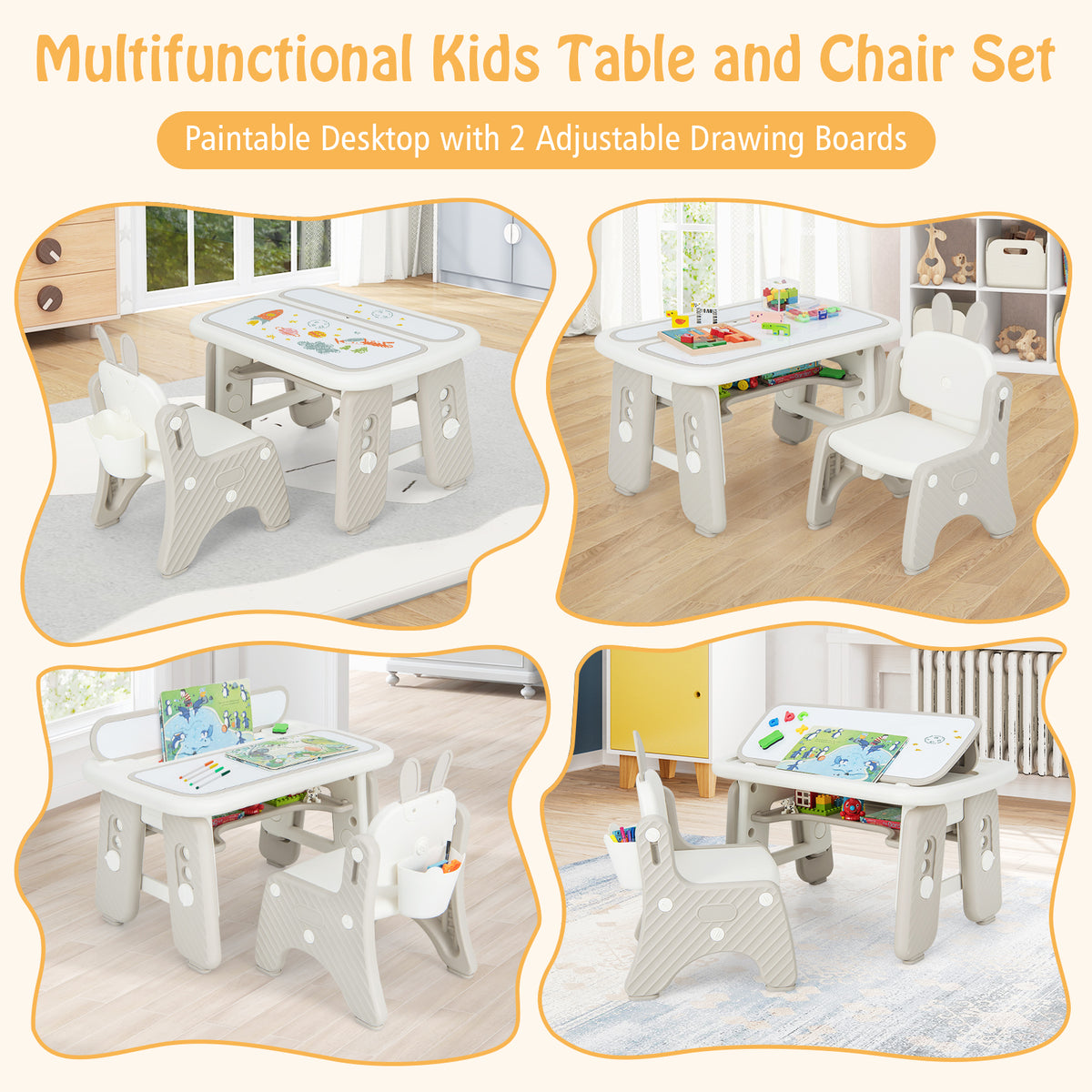 Four different views of the multifunctional kids table and chair set