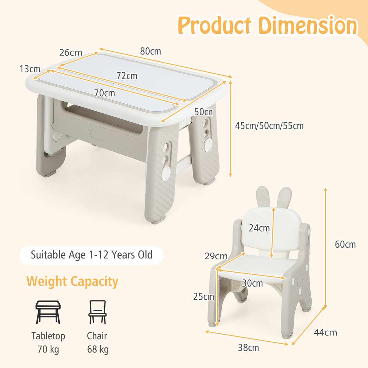 Product dimension diagram for the kids table and chair set showing measurements