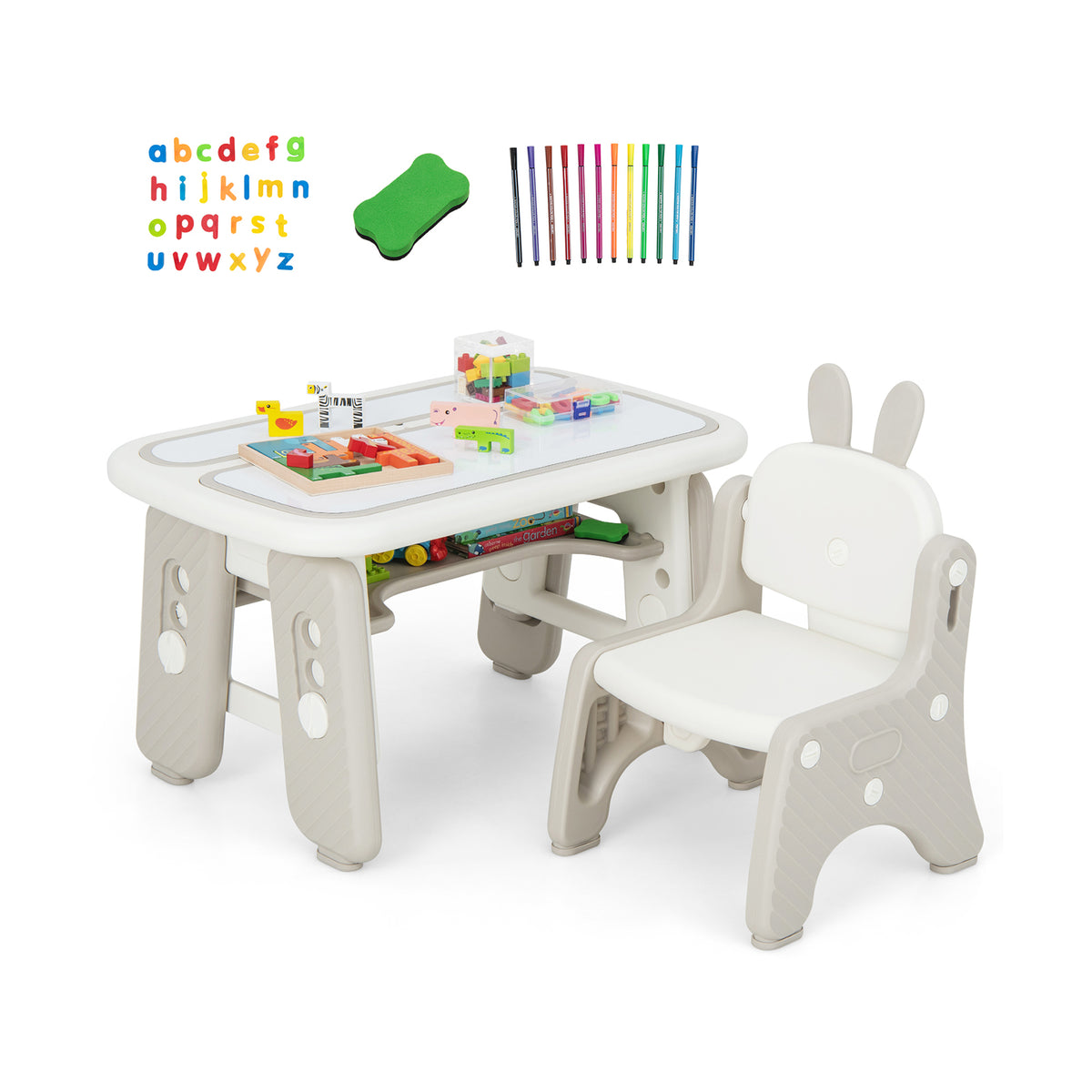 The grey kids table and chair set includes alphabet magnets, pens and a whiteboard