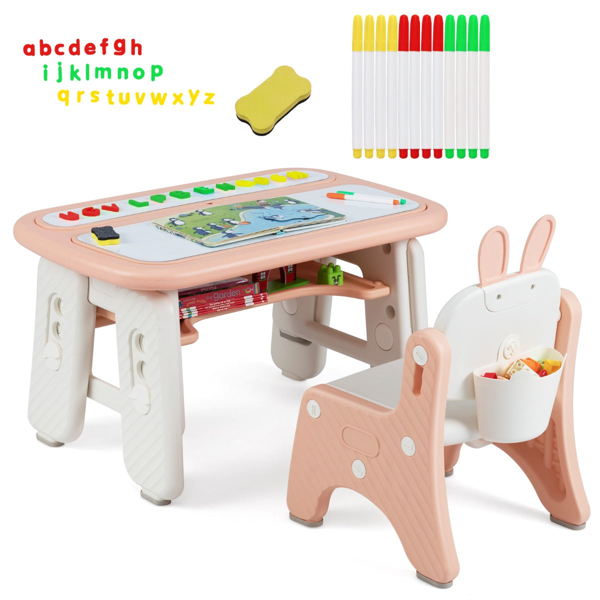 The kids table and chair set with colourful pens and letters displayed on the surface