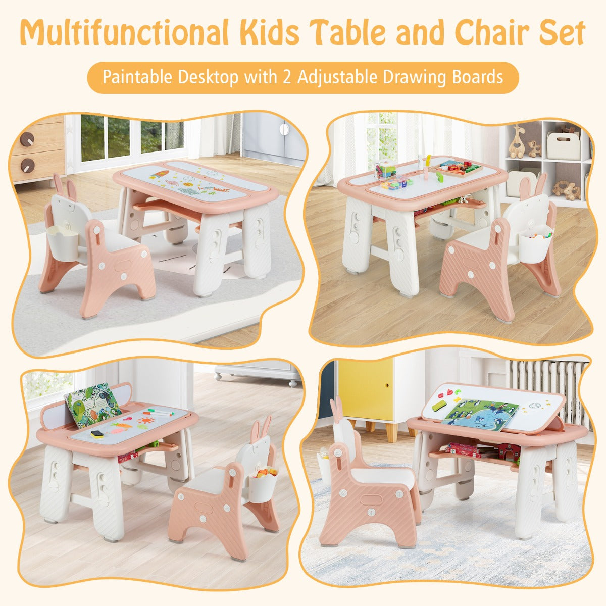 The kids table and chair set shown in four different configurations and angles
