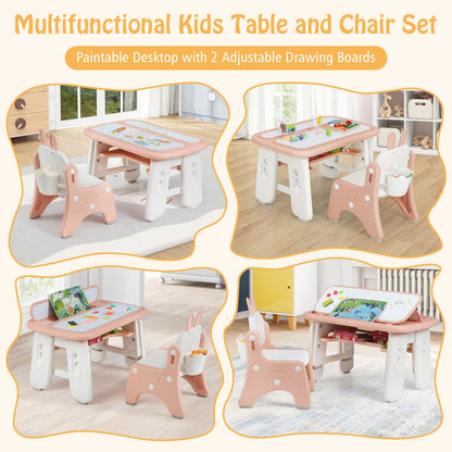 The kids table and chair set shown in four different configurations and angles