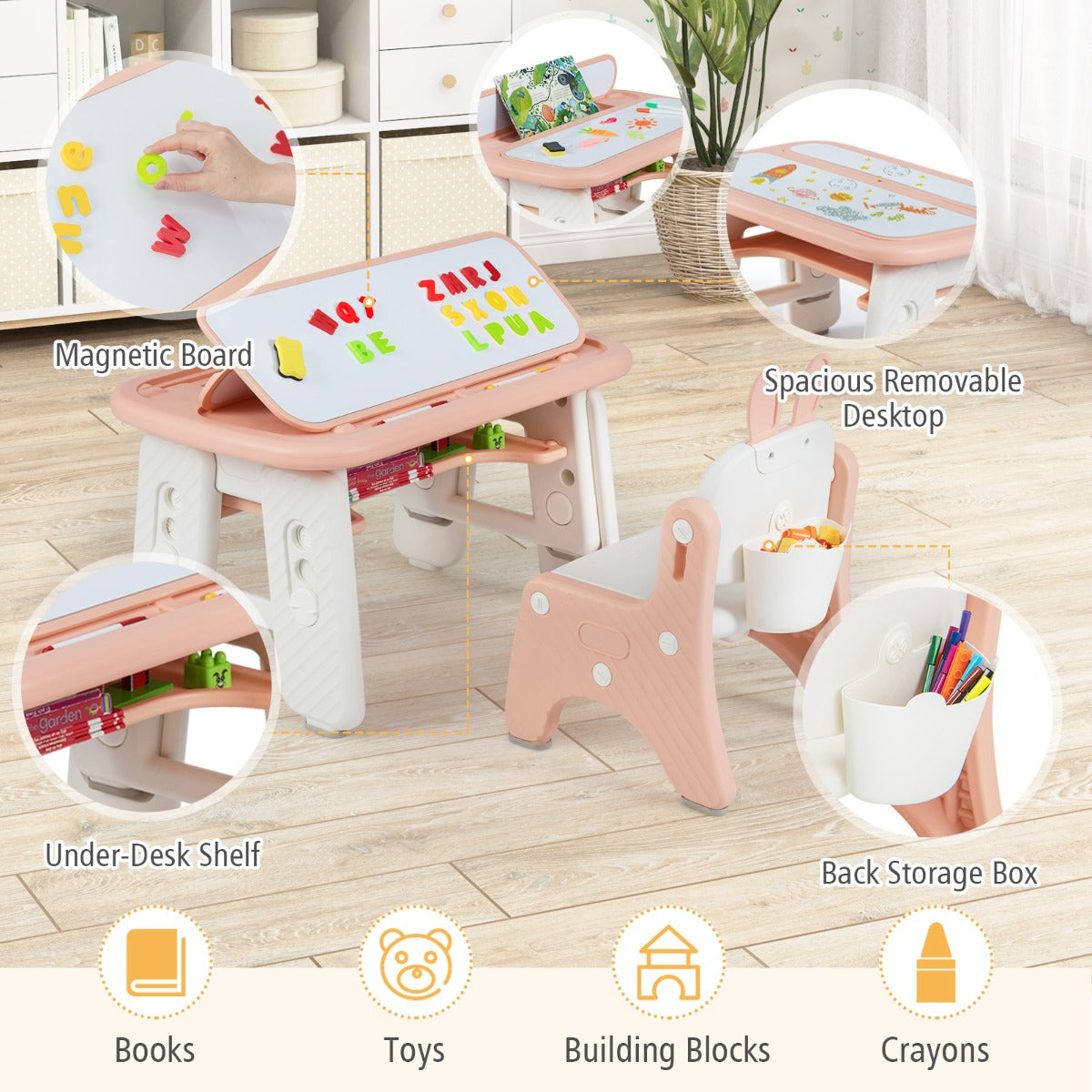 The kids table and chair set with circular insets highlighting the storage and features