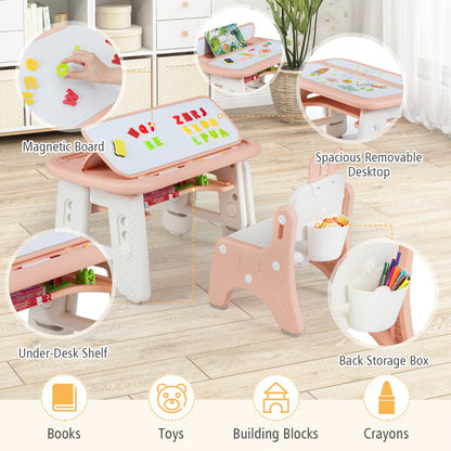 The kids table and chair set with circular insets highlighting the storage and features