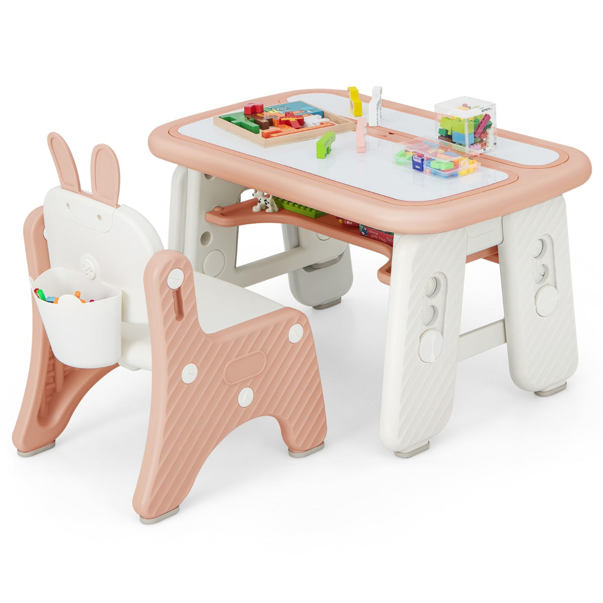 Kids Drawing Table and Chair Set with a pink bunny chair and a white and pink table