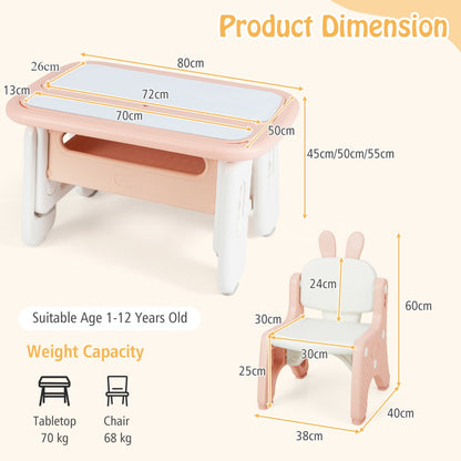 The kids table and chair set with arrows showing the dimensions and weight limits