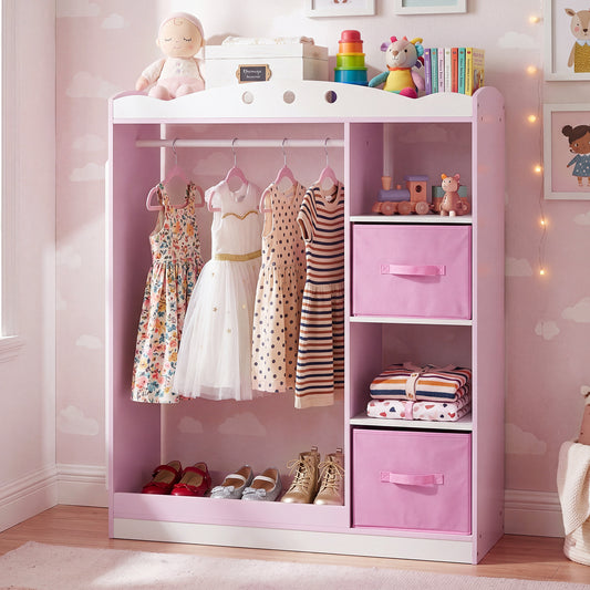 The kids storage unit filled with hanging dresses, folded clothes and toys in a bedroom setting