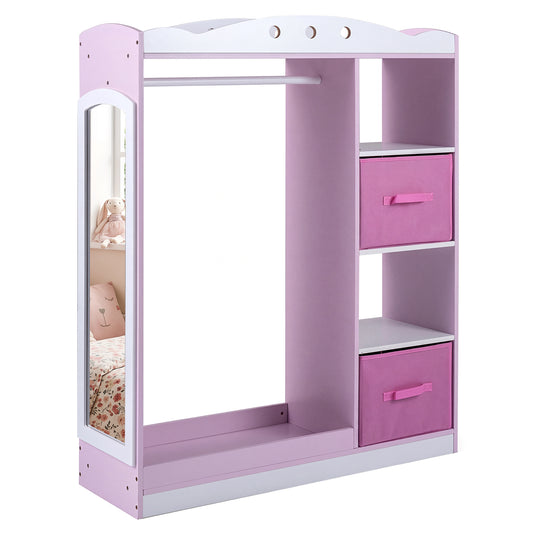 Kids Dress Up Storage with a full length mirror, hanging rail and two pink fabric storage drawers