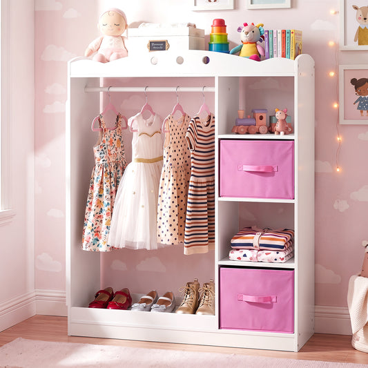 The kids dress up storage unit filled with dresses, shoes and folded clothes