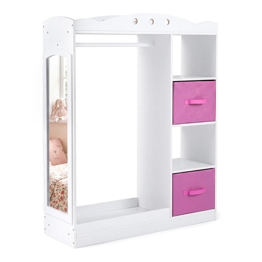 Kids Dress Up Storage with full length mirror and open shelves in white