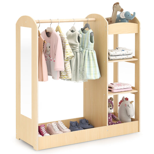 Kids Dress up Storage with Mirror, a wooden unit with a hanging rail, shelves and a full-length mirror