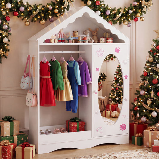 The kids dress up wardrobe closet with hanging clothes and gifts around it