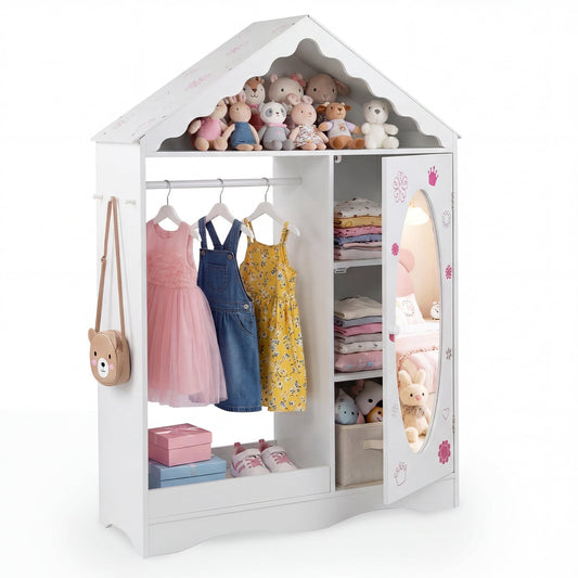 Kids Dress Up Storage with Mirror Roofed Wardrobe Closet with Open Hanging Rack-White showing clothes and toys inside