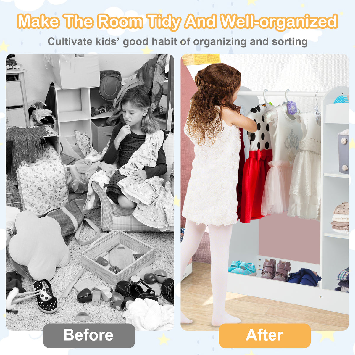 Before and after comparison of a messy room and the same room tidied with the kids dress up storage unit