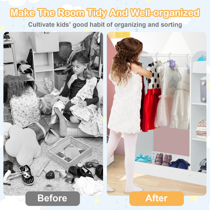 Before and after comparison of a messy room and the same room tidied with the kids dress up storage unit