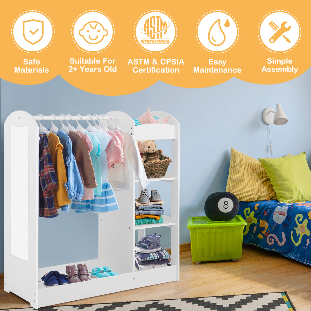 The white kids dress up storage unit with mirror, with icons indicating safe materials and certifications