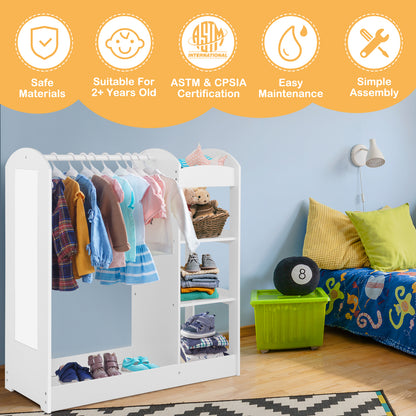 The white kids dress up storage unit with mirror, with icons indicating safe materials and certifications