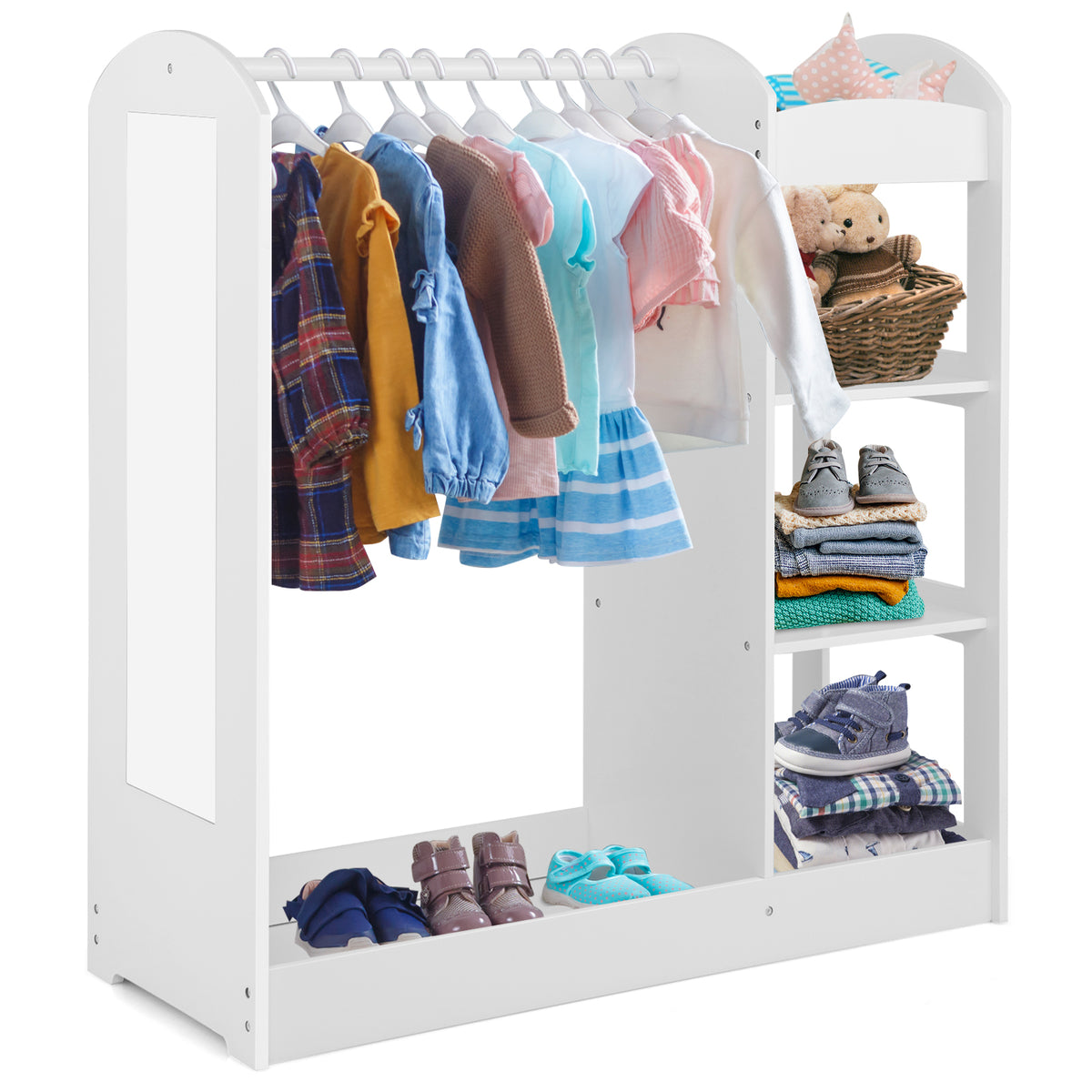 Kids Dress up Storage with Mirror in white, showing hanging clothes and shelves with folded items