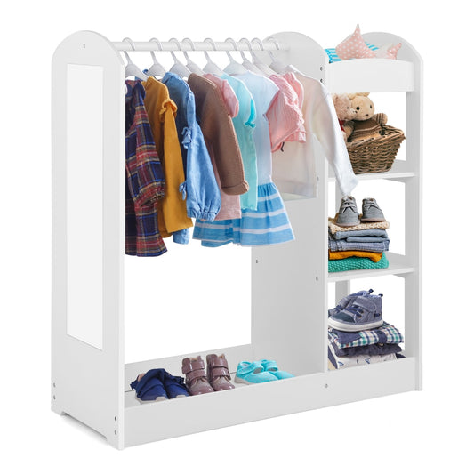 Kids Dress up Storage with Mirror in white, showing hanging clothes and shelves with folded items