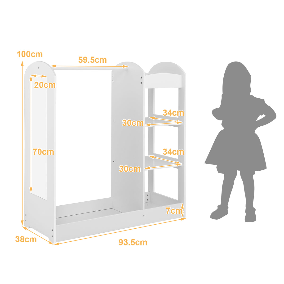 A diagram showing the dimensions of the white kids dress up storage unit with mirror