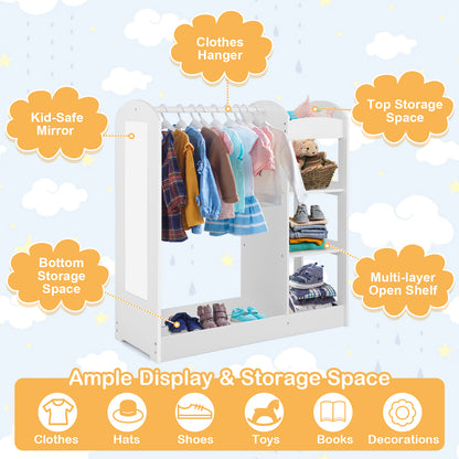 The white kids dress up storage unit with mirror, highlighting its various storage spaces and uses