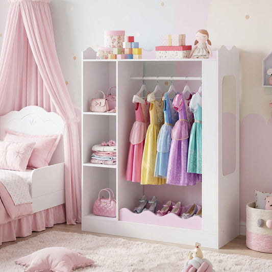 The pink children's wardrobe is shown in a bedroom with a bed and canopy