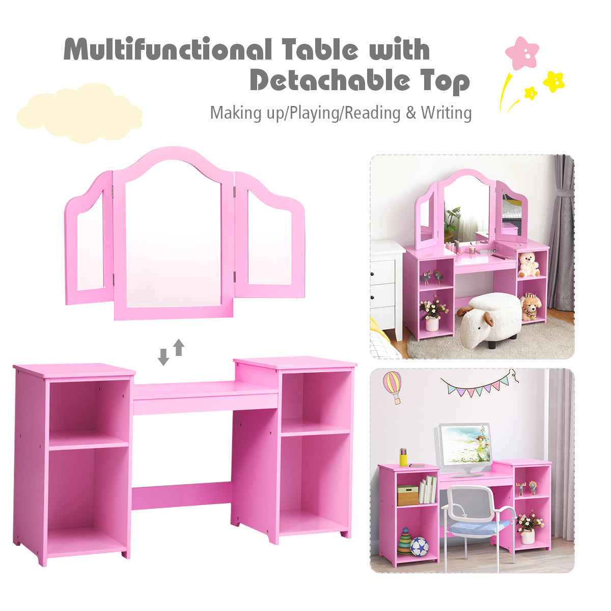Multifunctional table with detachable top and storage shelves for kids